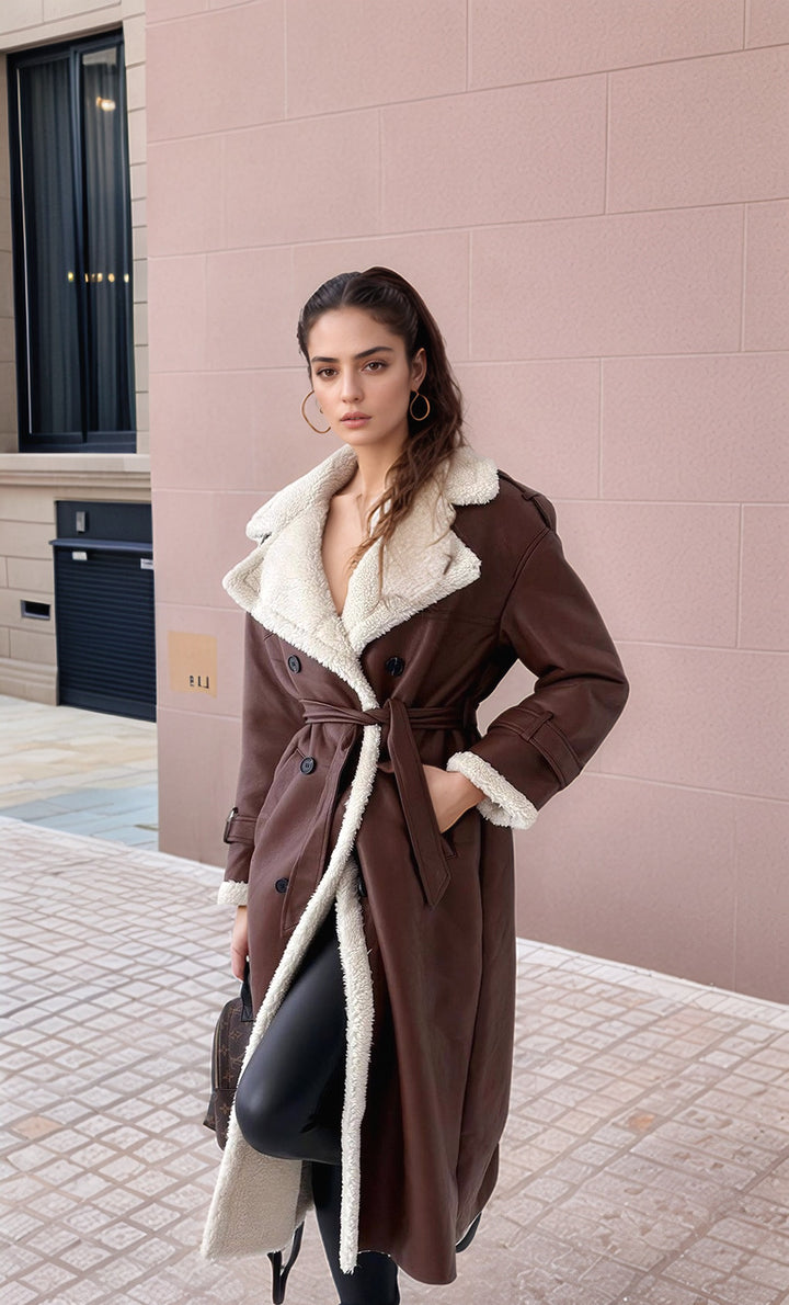 Damen Langer Mantel im Trenchstil mit Teddyfutter und taillierter Silhouette Drune