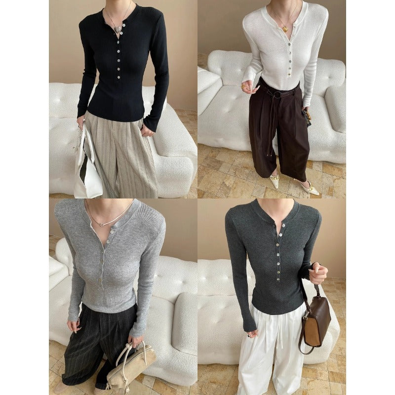 Damen Langarm-Henley-Shirt aus feinem Rippmaterial mit Knopfleiste Drune