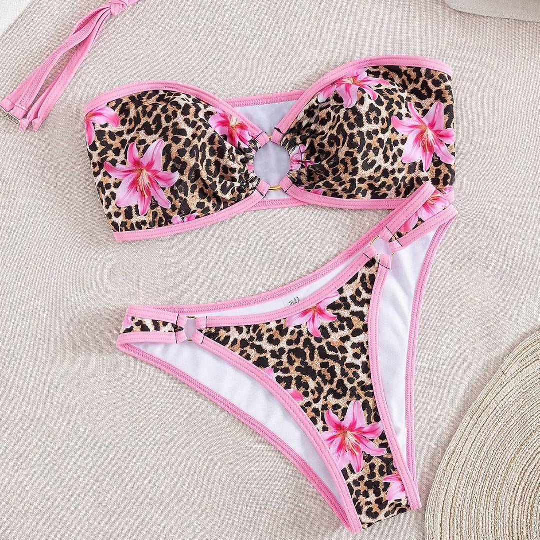 Damen Bandeau-Bikini mit modischem Leopardenmuster und dekorativen Ringuhr Drune