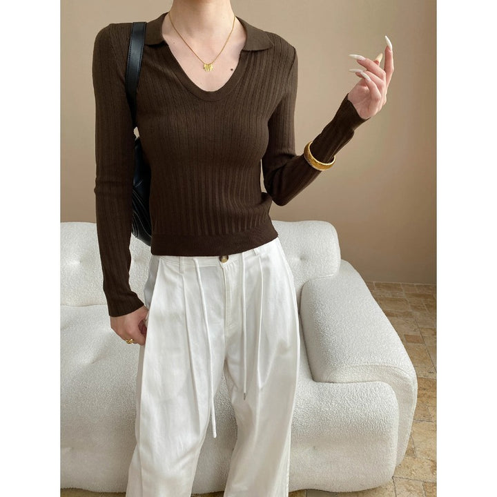 Damen längerer Rippstrickpullover mit V-Ausschnitt Drune