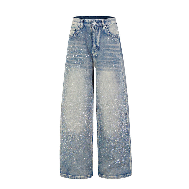 Damen Weite hochgeschnittene Palazzo-Jeans mit Glitzereffekt und Used-Waschung Drune