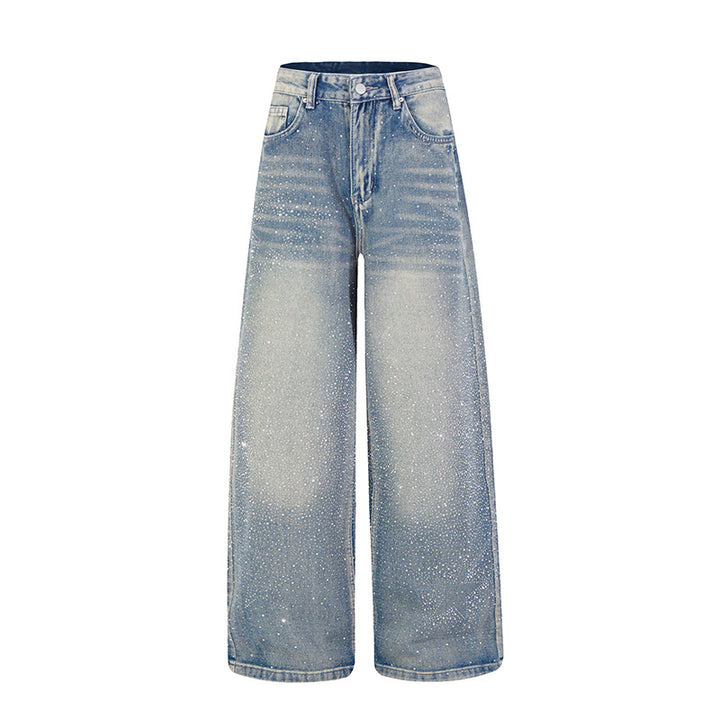Damen Weite hochgeschnittene Palazzo-Jeans mit Glitzereffekt und Used-Waschung Drune