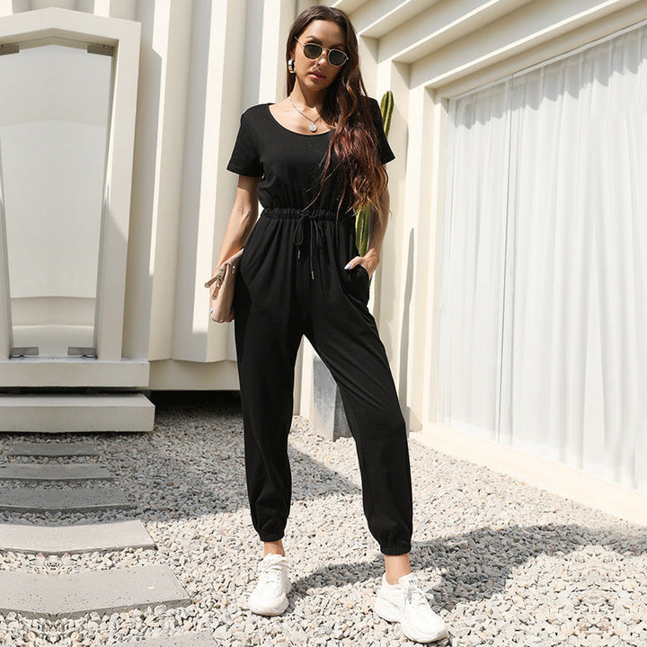 Damen lässiger Jumpsuit mit elastischem Bund und taillierbarem Gürtel Drune