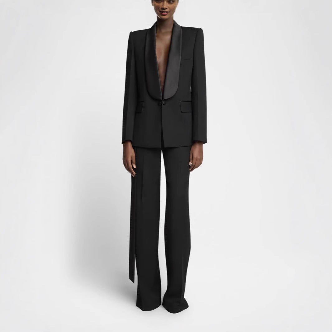Damen Elegantes Smokingset mit Satin-Schalkragen und weitem Palazzohosen-Schnitt Drune