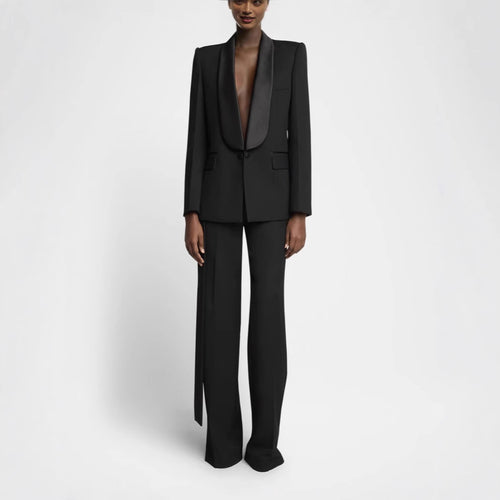 Damen Elegantes Smokingset mit Satin-Schalkragen und weitem Palazzohosen-Schnitt Drune