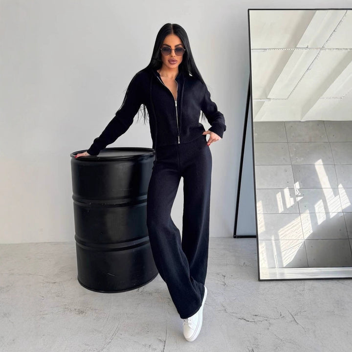 Damen Feinstrick-Loungewear-Set mit taillierter Kapuzenzipjacke und weiter Palazzo-Hose Drune
