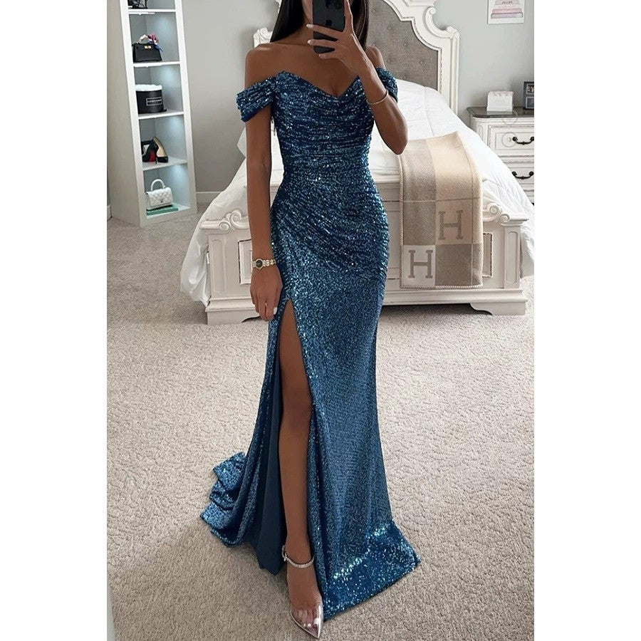 Damen Glitzerndes Off-Shoulder Abendkleid mit seitlichem Schlitz Drune