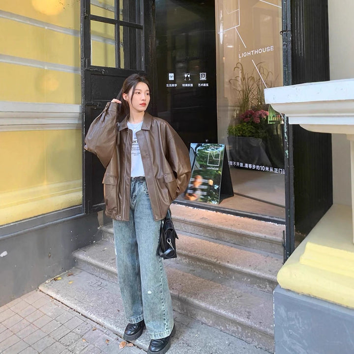 Damen Modische Lederjacke mit oversized Ärmeln und elastischem Saum Drune