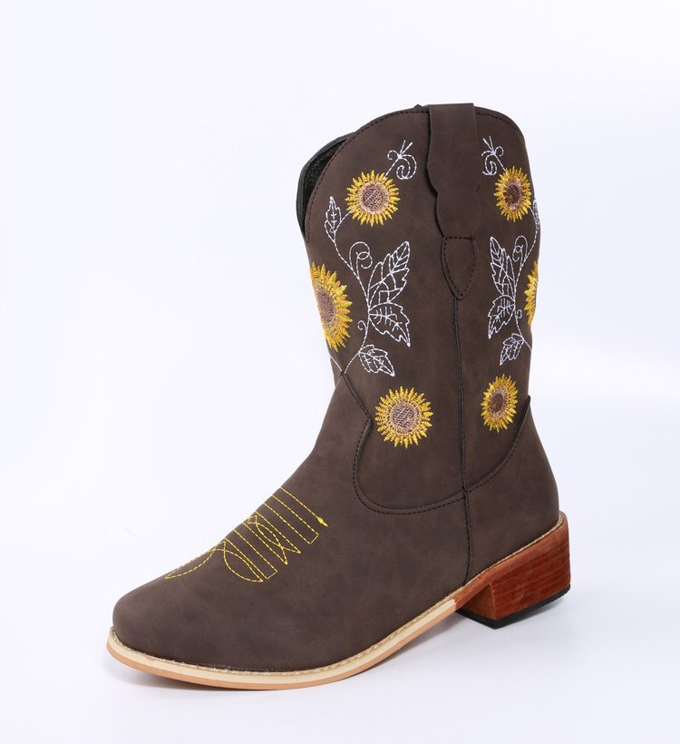 Damen Western-Stiefel mit bestickten Sonnenblumen und komfortablem Blockabsatz Drune
