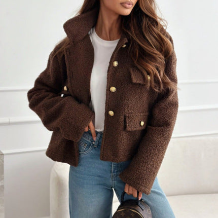 Damen Fluffige Fleecejacke mit dekorativen Taschen und goldenen Knöpfen Drune