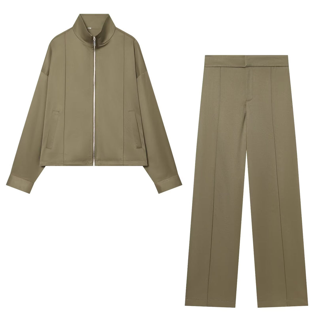 Damen Zweiteiliges Freizeit-Set mit Stehkragen-Zipperjacke und taillierter High-Waist-Hose Drune