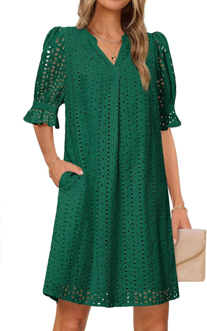 Damen luftiges Sommerkleid mit romantischem Lochmuster und praktischen Taschen Drune