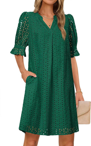 Damen luftiges Sommerkleid mit romantischem Lochmuster und praktischen Taschen Drune