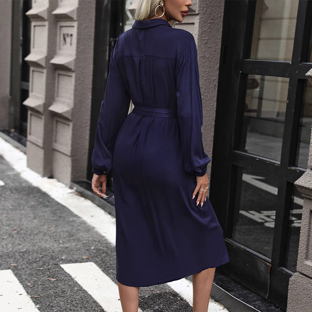 Damen Midikleid im Hemdblusenstil mit Bindegürtel, verdeckter Knopfleiste und hohem Beinschlitz Drune