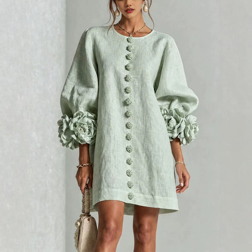 Damen Midikleid mit voluminösen Puffärmeln, 3D-Blütenknopfleiste und Leinenstruktur Drune