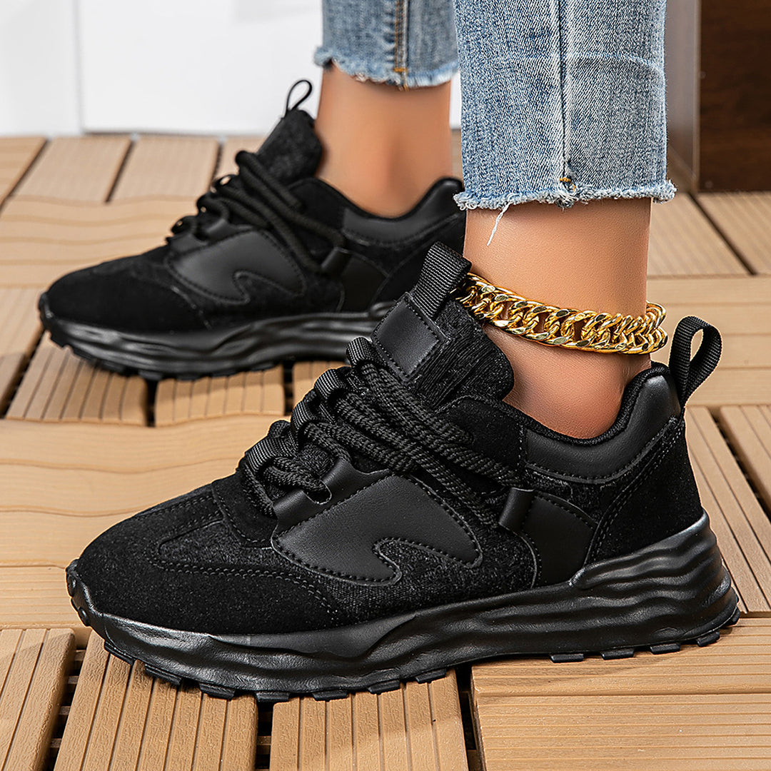 Damen Modischer Plateau‑Sneaker mit Jacquard‑Strick, Velours‑Overlays und profiliertem Wellen‑Sohlendesign Drune