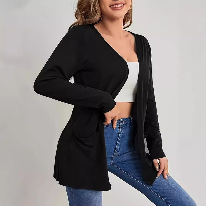 Damen Offene Longline-Cardigan mit aufgesetzten Taschen und schmalem Kragen Drune