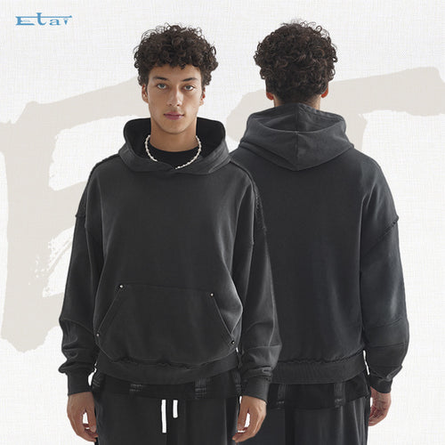 Unisex Oversized Kapuzenpullover mit ausgefranstem Saum, Kängurutasche und verwaschenem Bleicheffekt Drune