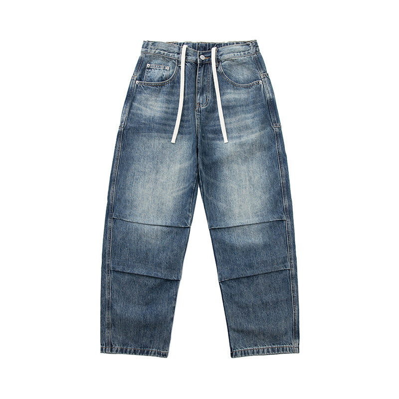 Damen Weite Cropped-Jeans mit hohem Bund, gesteppten Knie-Panels und Kordelzugbund Drune