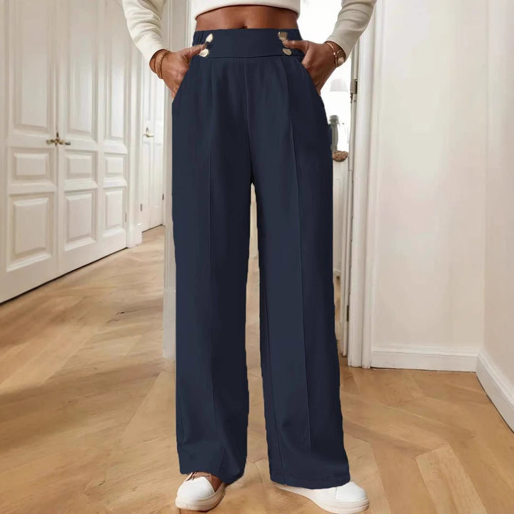 Damen Hochtaillierte weite Marlene-Hose mit Zierknopf-Bund und Bügelfalte Drune