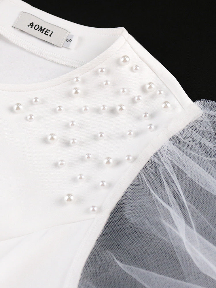 Damen Elegantes Maxikleid mit voluminösen Tüllärmeln und Rüschensaum Drune