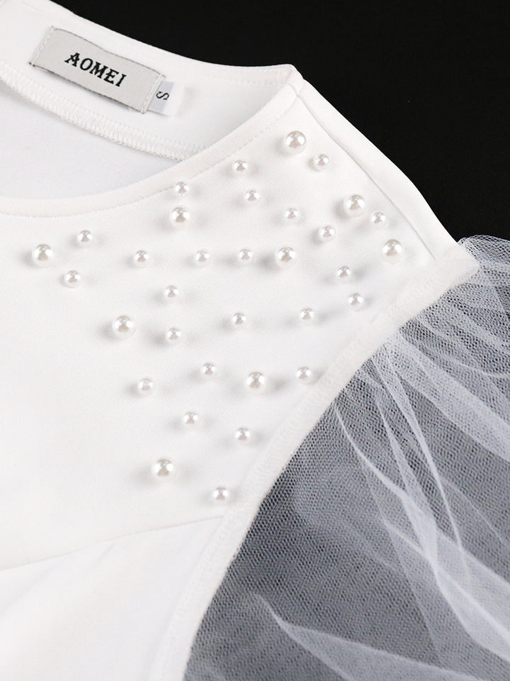 Damen Elegantes Maxikleid mit voluminösen Tüllärmeln und Rüschensaum Drune