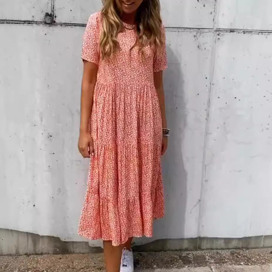 Damen nan leichtes Midikleid mit geraffter Taillenpartie, kurzen Ärmeln und mehrlagigem Stufenrock Drune
