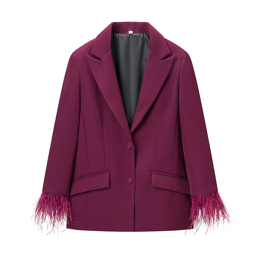 Damen Modische Blazerjacke mit auffälligem Federbesatz Drune