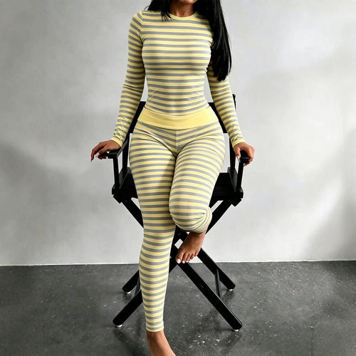 Damen Figurschmeichelndes Stretch-Lounge-Set mit Langarmtop und taillenhoher Leggings Drune