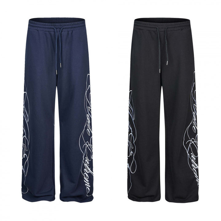 Damen Weite Jersey-Hose mit Kordelzug, seitlichem Line-Art Print und Relaxed-Fit Drune