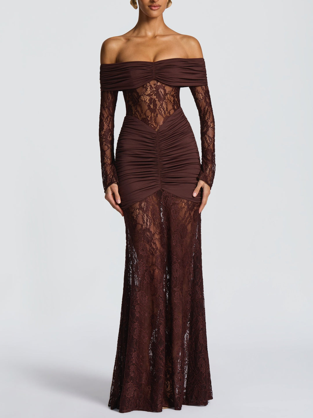 Damen Elegantes Spitzen-Maxikleid mit elegantem Off-Shoulder Design und Raffungen Drune