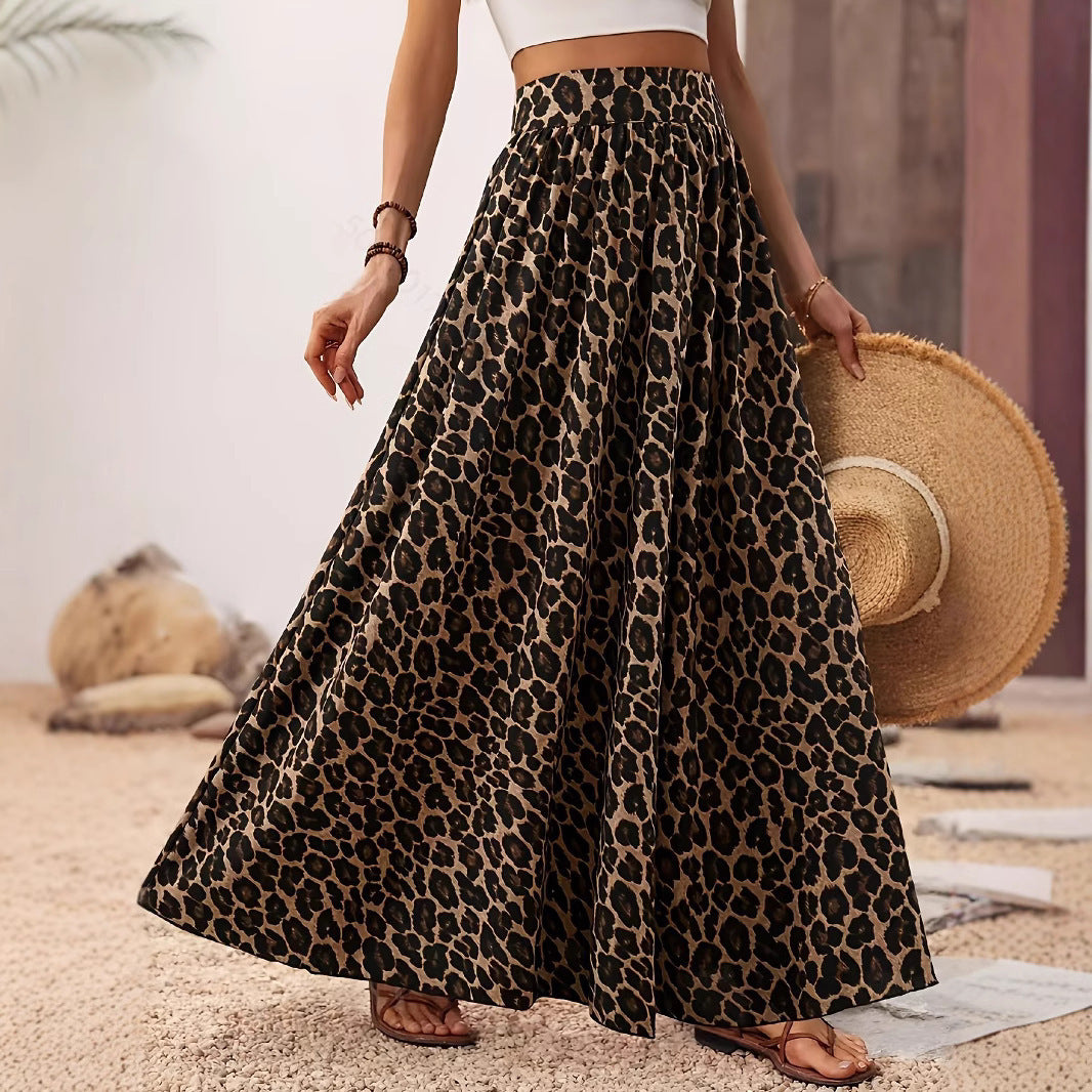 Damen Maxi-Rock mit elastischem Bund und Leopardenmuster Drune