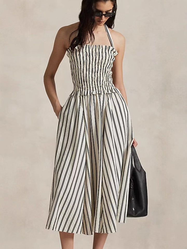Damen nan Midikleid mit gerafftem Smock-Oberteil, abnehmbarem Neckholder und Eingrifftaschen Drune