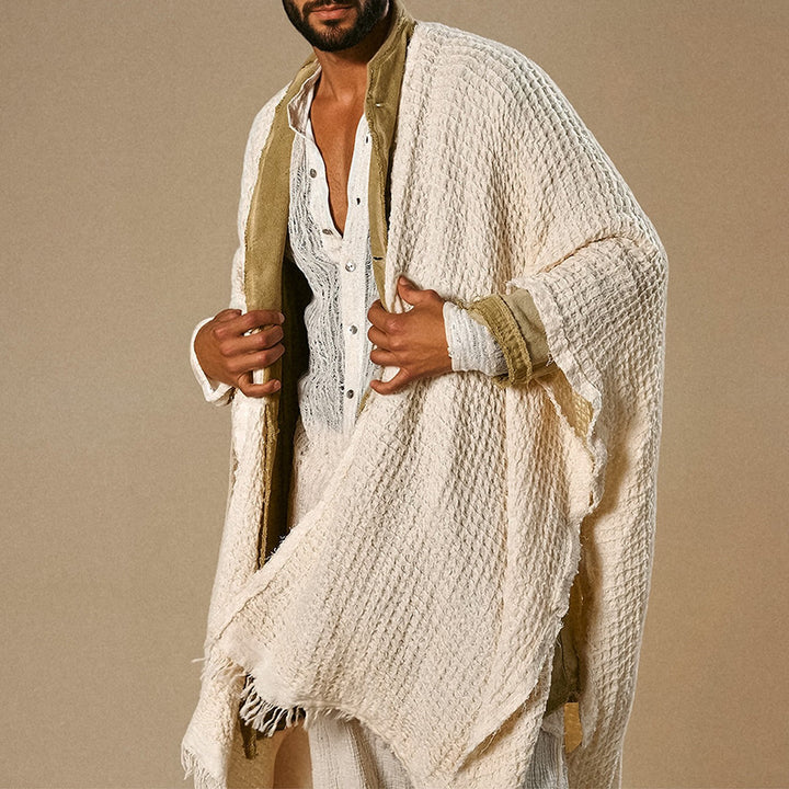 Herren weit geschnittener Baumwoll-Leinen Poncho mit Fransen und offener Front Drune