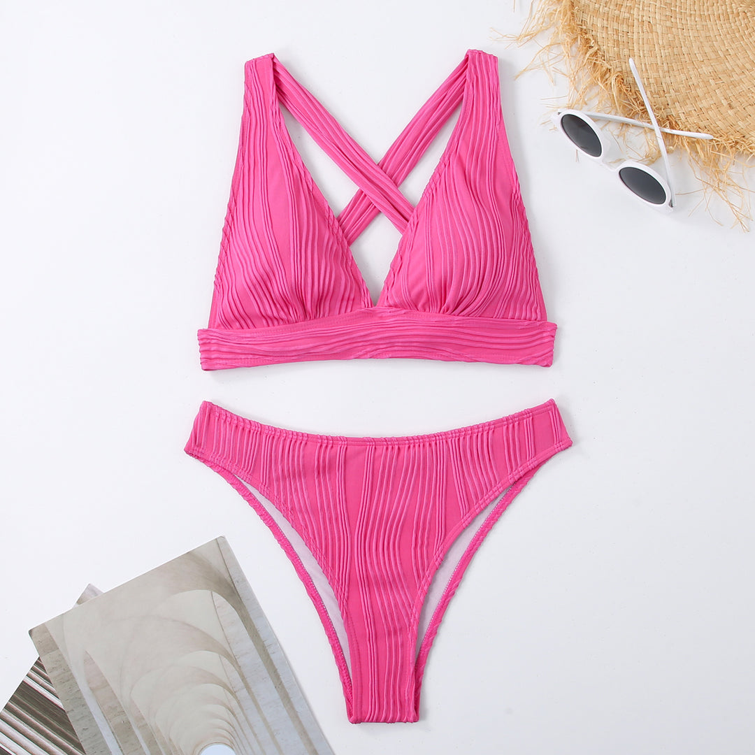 Damen Gestreifter Bikini mit raffiniertem Kreuz-Design Drune