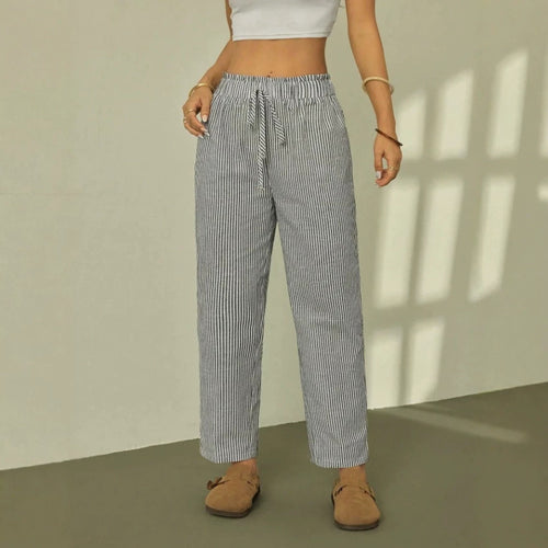 Damen Leinenoptik-Relaxhose mit High-Waist, Kordelzug und Nadelstreifen Drune