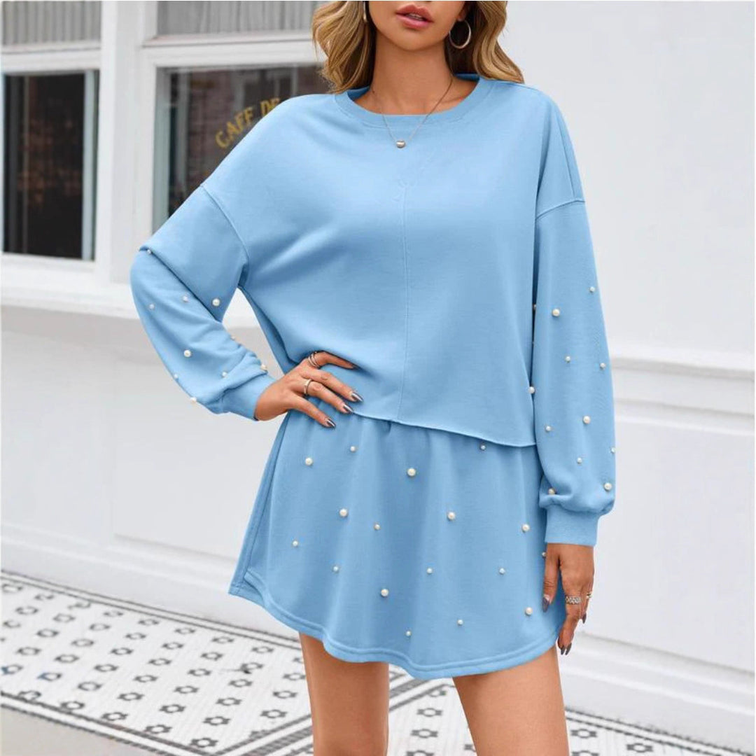 Damen nan perlenbesetztes Sweat-Set mit überschnittenem Pullover und ausgestelltem Minirock Drune