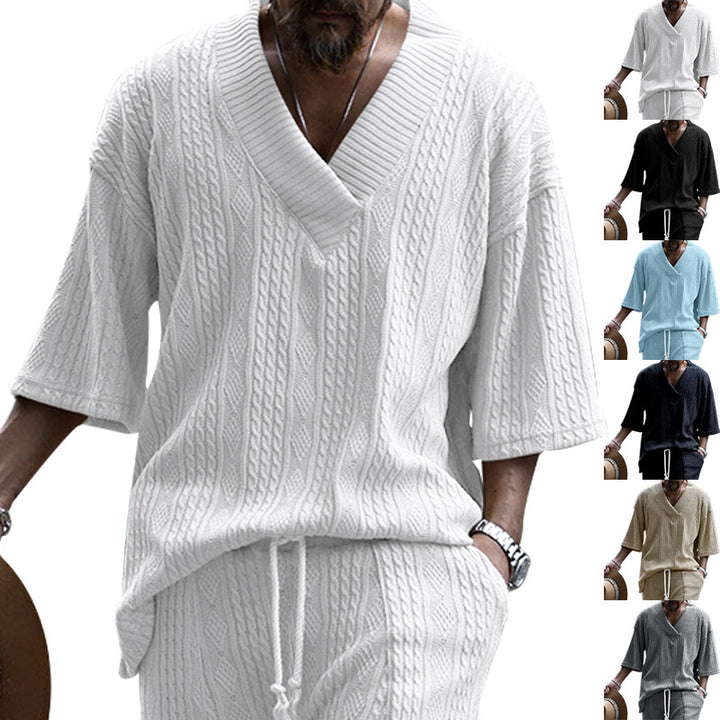 Damen nan Kurzarm-Strickpullover im weiten Schnitt mit tiefem V-Kragen und Zopfmuster Drune