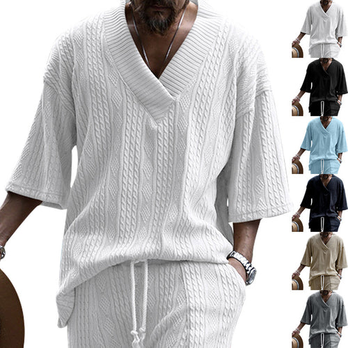 Damen nan Kurzarm-Strickpullover im weiten Schnitt mit tiefem V-Kragen und Zopfmuster Drune