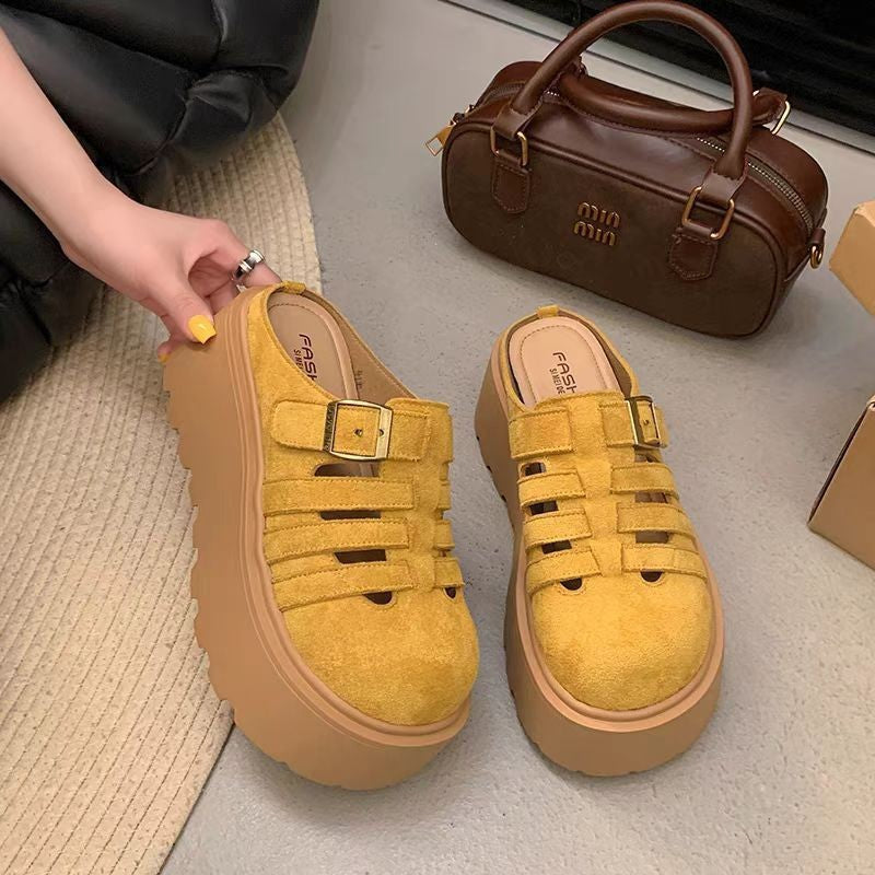 Damen Plateau Clogs mit offenen Riemen und modischer Schnalle Drune