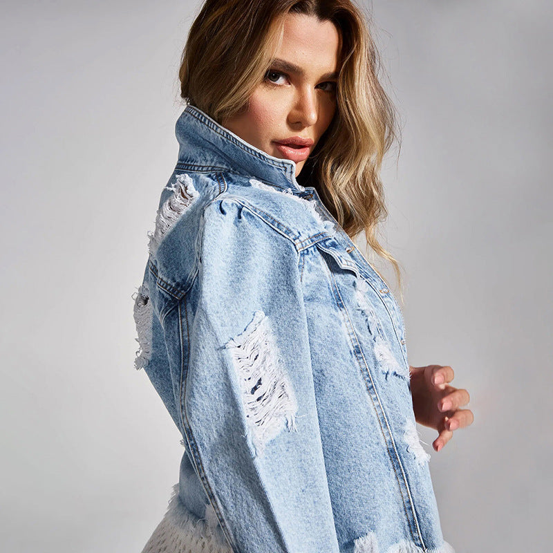 Damen Kurze Distressed Jeansjacke mit Fransen und Used‑Effekt Drune
