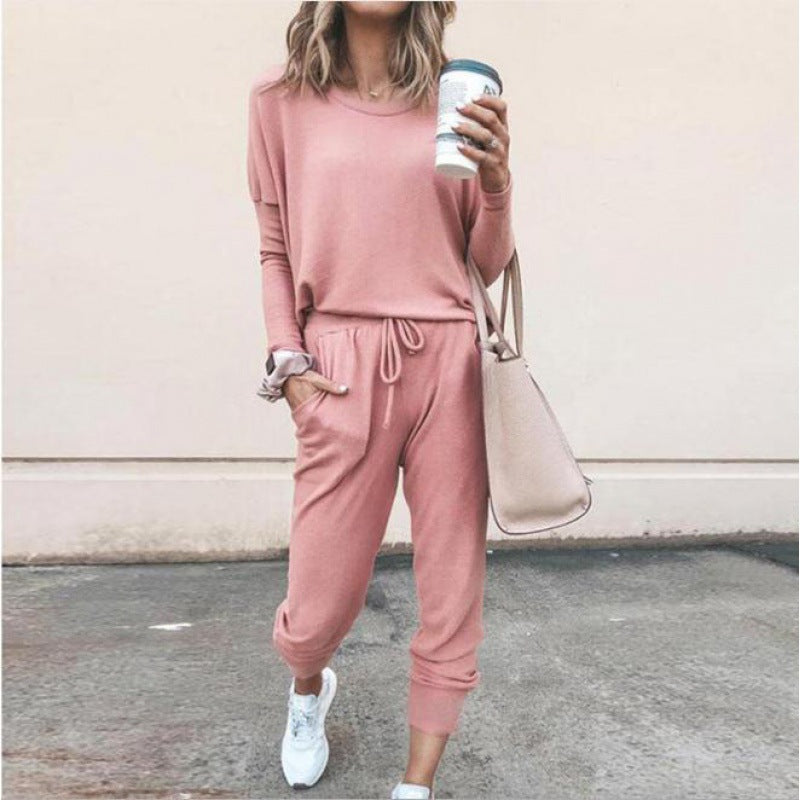 Damen Lässiges Lounge-Set mit Rundhalsausschnitt, Kordelzug-Hose und Bündchen Drune