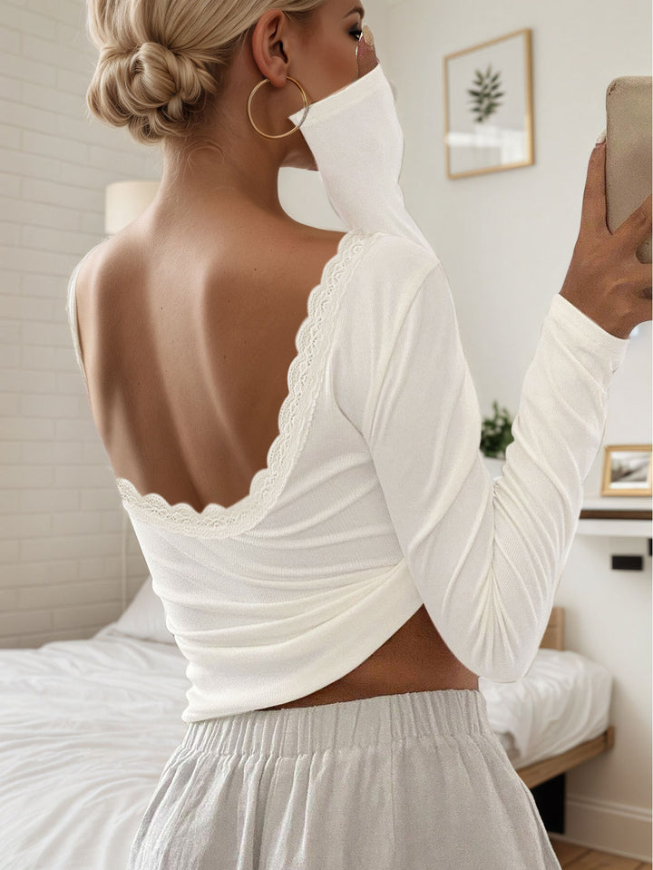 Damen Langarmshirt mit tiefem Rücken-Ausschnitt und eleganter Spitzenverzierung Drune