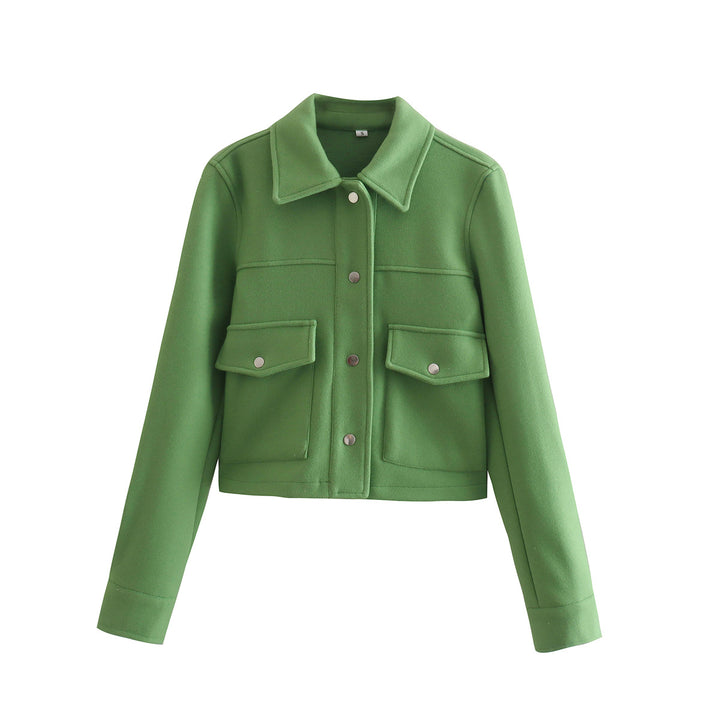 Damen Kurz geschnittene Wolloptik-Jacke mit Pattentaschen und Druckknöpfen Drune
