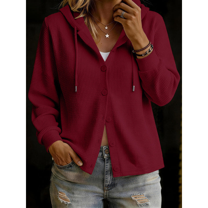 Damen Kapuzenstrickjacke im Waffelstrick mit Knopfleiste Drune