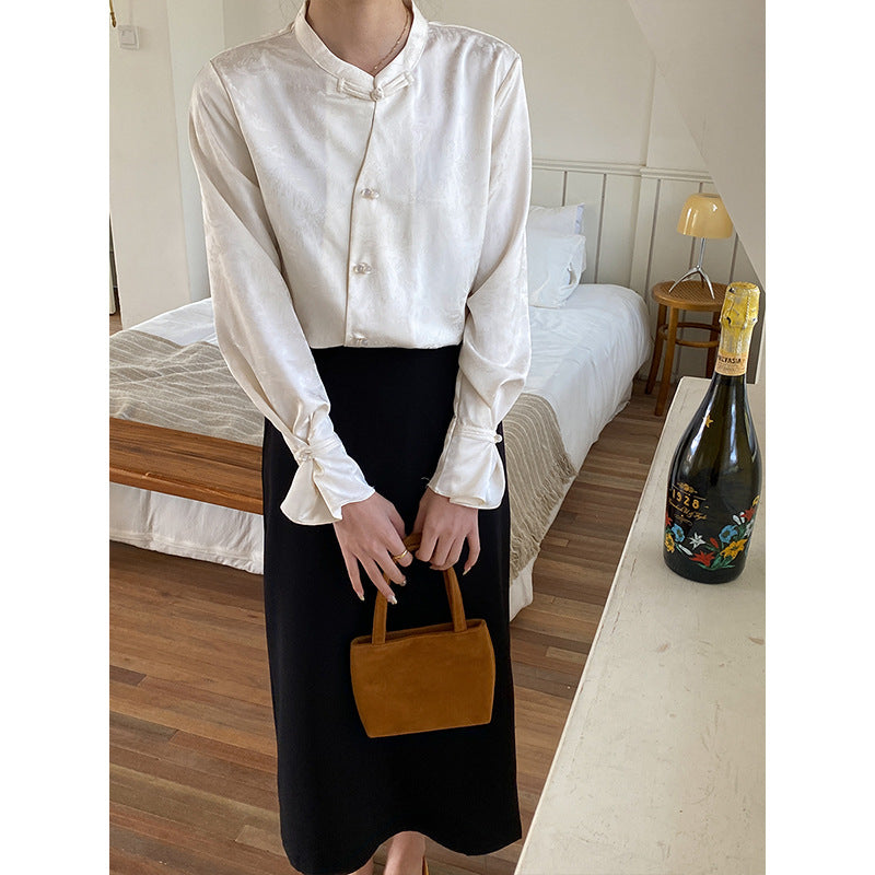 Damen elegante Bluse mit Knopfdetails und ausgefallenem Kragen Drune