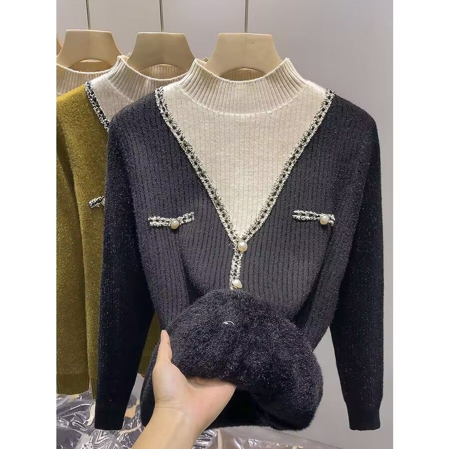 Damen modischer V-Pullover mit Schimmer-Details und Knöpfen Drune