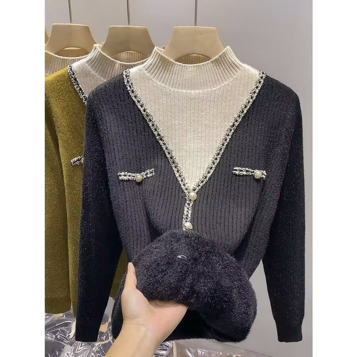 Damen modischer V-Pullover mit Schimmer-Details und Knöpfen Drune