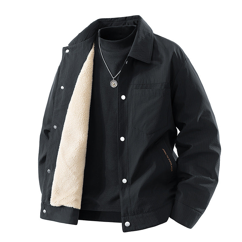 Men's  sherpa-lined relaxed coach jacket with snap-front closure and chest pocket Drune