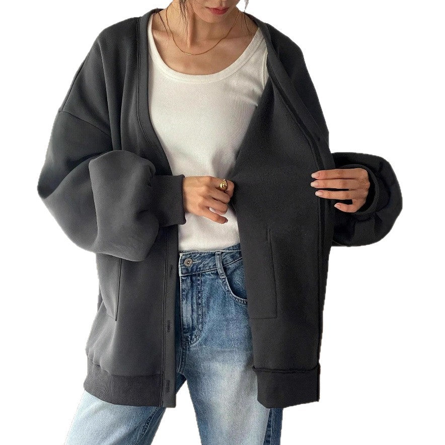 Damen Oversized Sweatcardigan mit Knopfleiste, aufgesetzten Taschen und überschnittener Schulter Drune